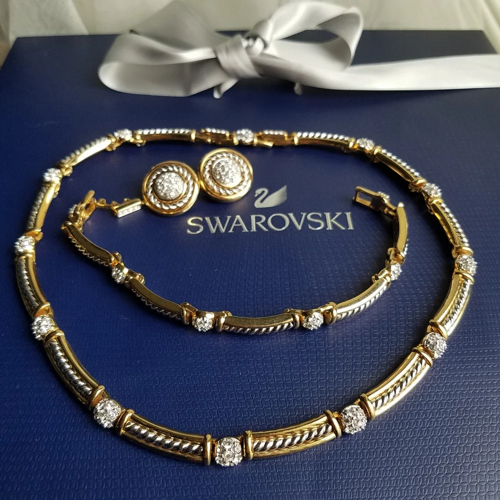 AUTHENTIC Swarovski 18k Gold Plated Tennis Necklace, Bracelet & Earrings SET - Picture 16 of 16